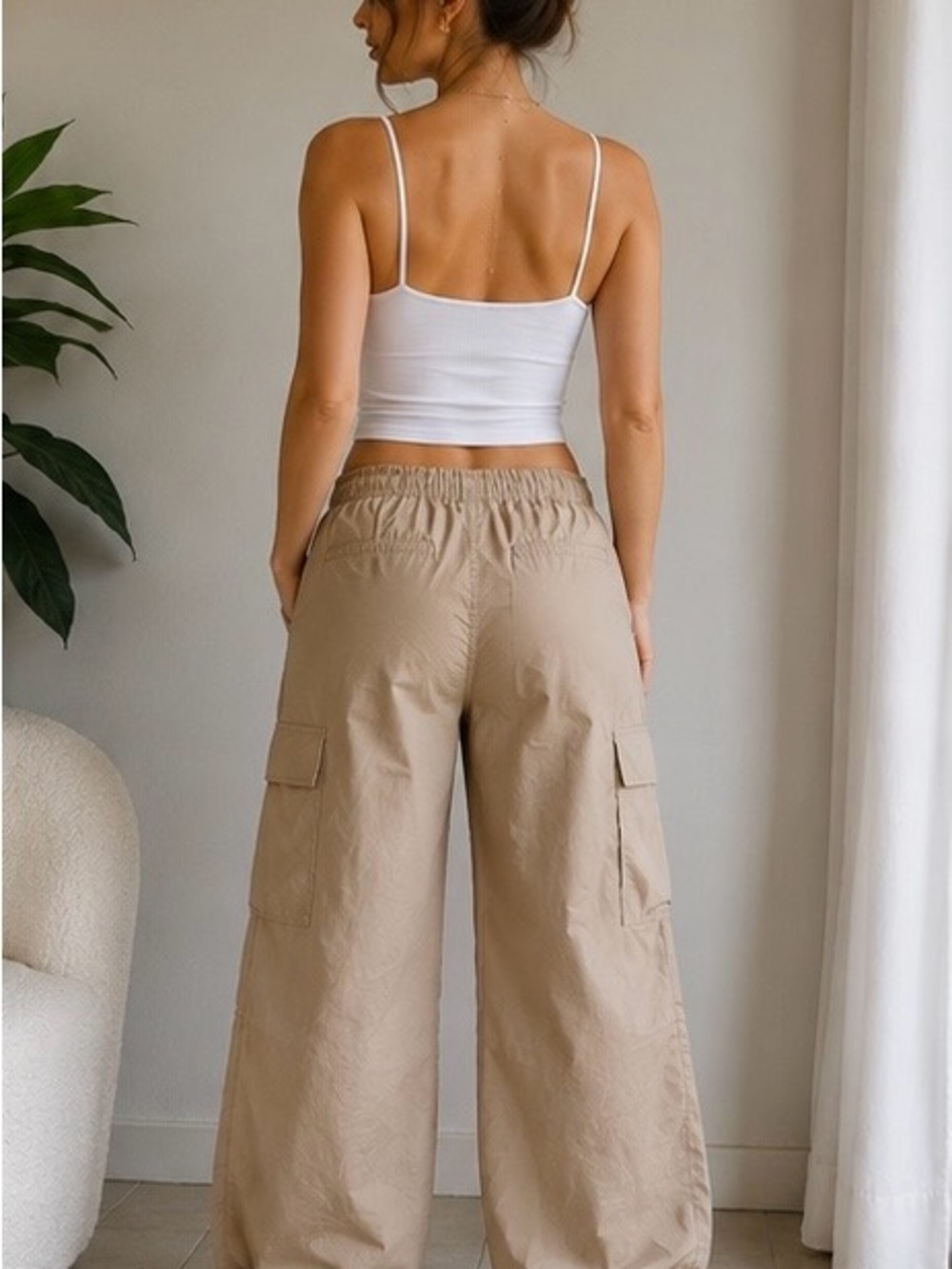 Beige Low Rise Cargo Baggy Pants Windbreaker Style - Picture 2 of 3